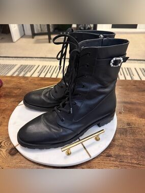 Stuart Weitzman Black Leather Lace-Up Combat Boots with Buckle